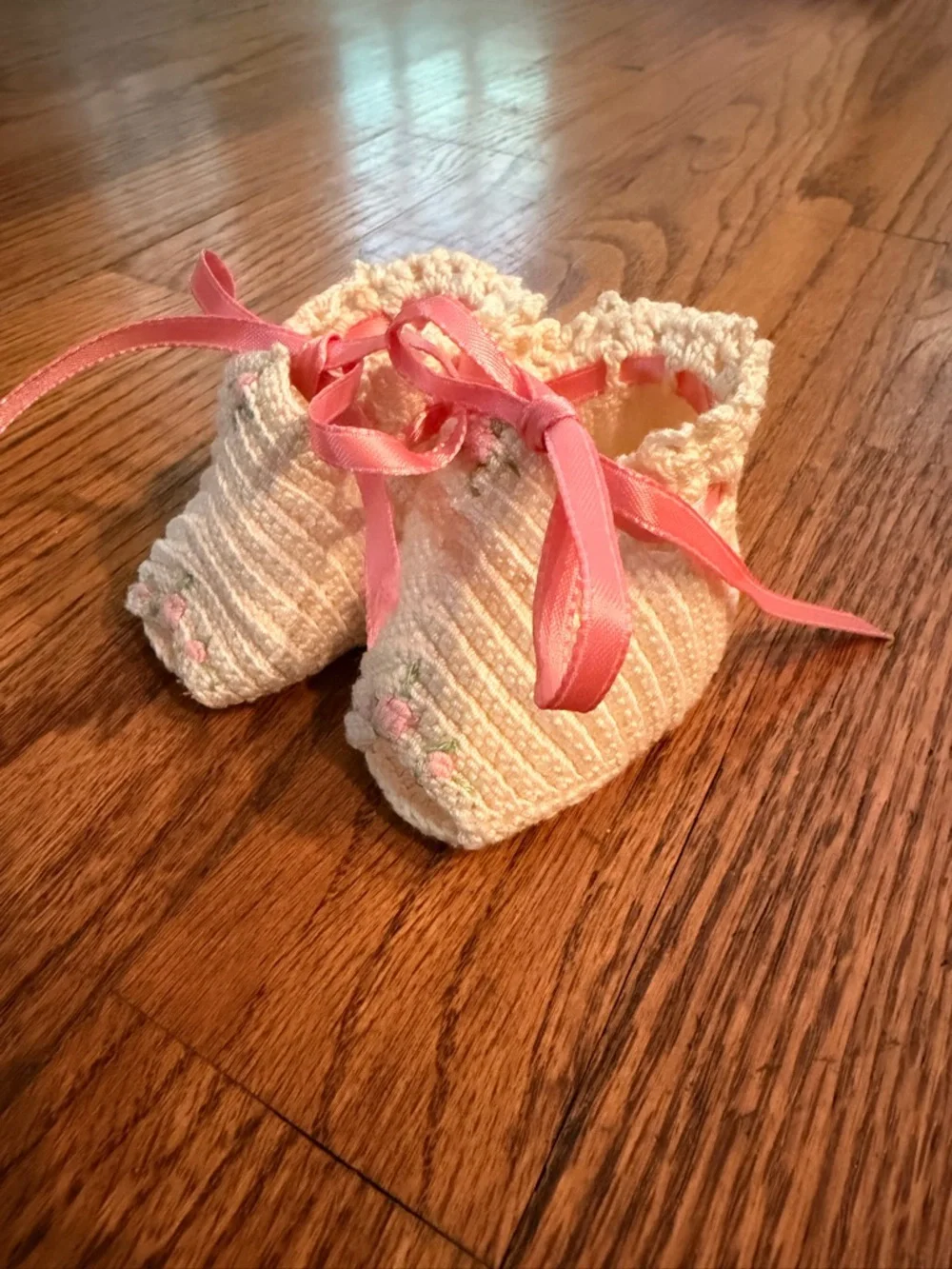 Handmade Cream Baby Booties with Pink Ribbon